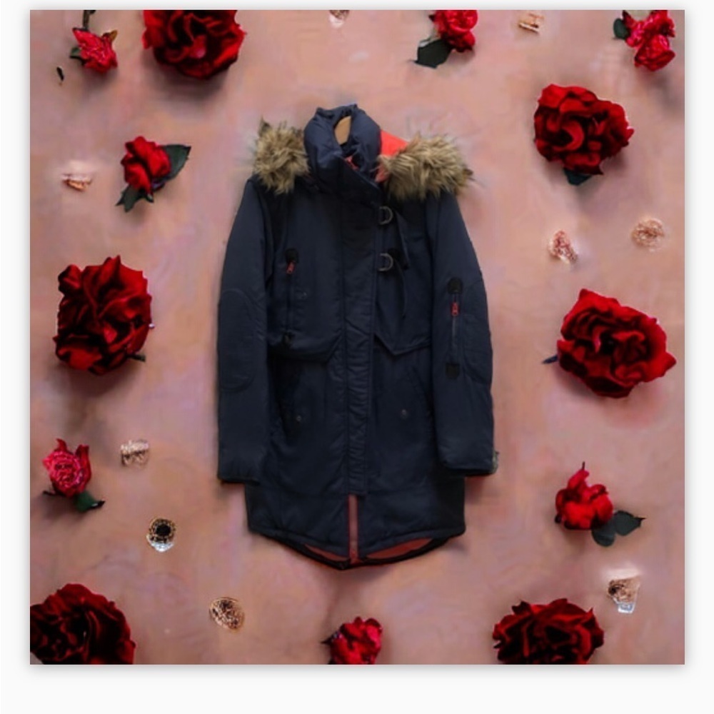 ONLY  -Heavy Duty Navy Blue Parka -orange lining - fur line hood-EUC- Sz M😍❤️​​​ - Picture 13 of 16